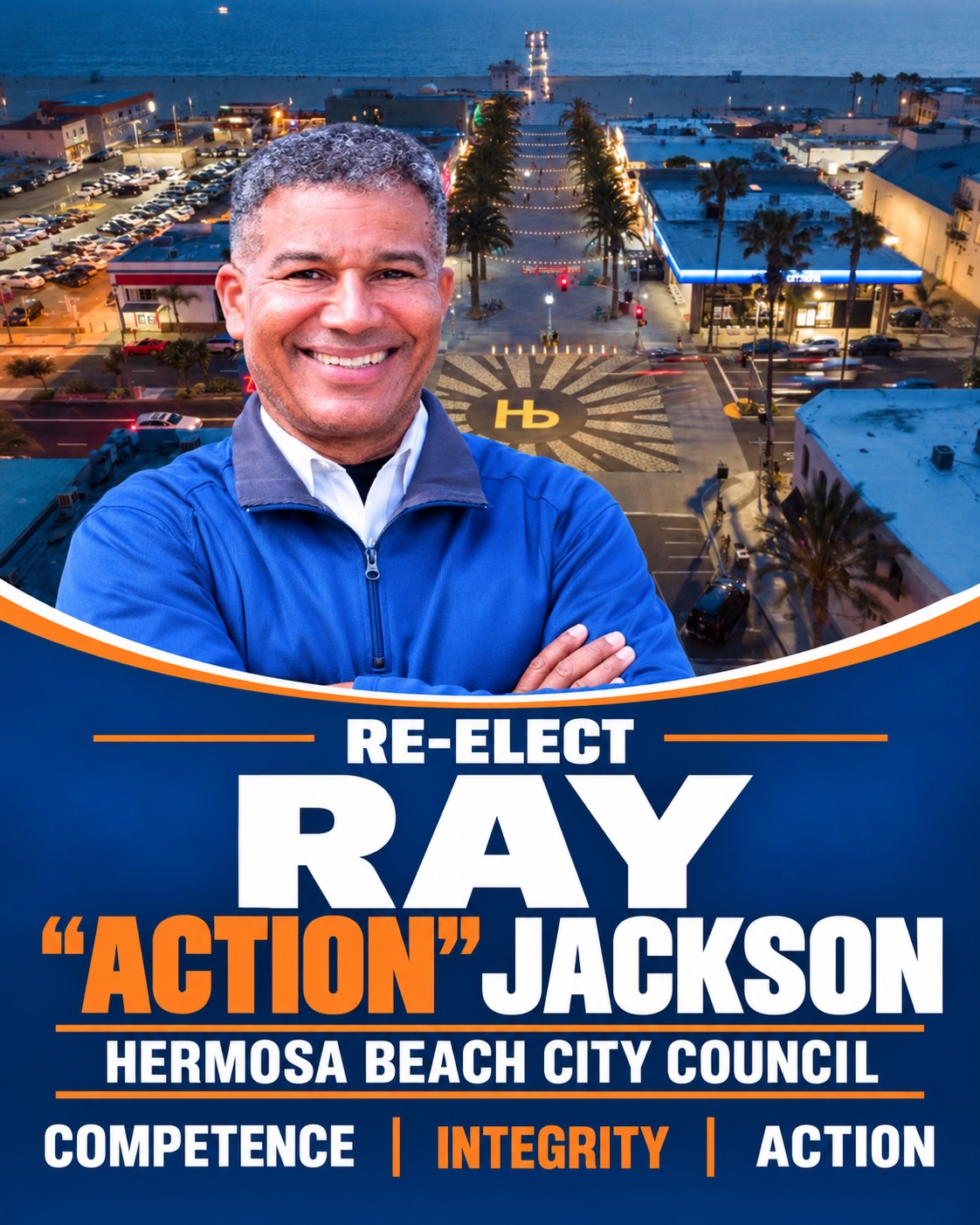 Ray Jackson, Hermosa Beach City Councilmember, wearing a navy suit and patterned tie, standing outdoors in front of shrubs and a brick wall.