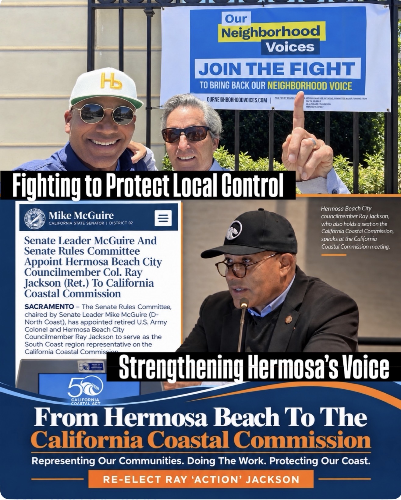 Collage titled &ldquo;Fighting to Protect Local Control&rdquo; and &ldquo;Strengthening Hermosa&rsquo;s Voice,&rdquo; documenting Ray Jackson&rsquo;s appointment to the California Coastal Commission.